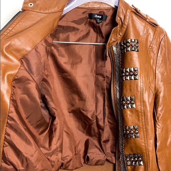 Amor Light Brown Metal Studded Pleather Jacket - Picture 9 of 11